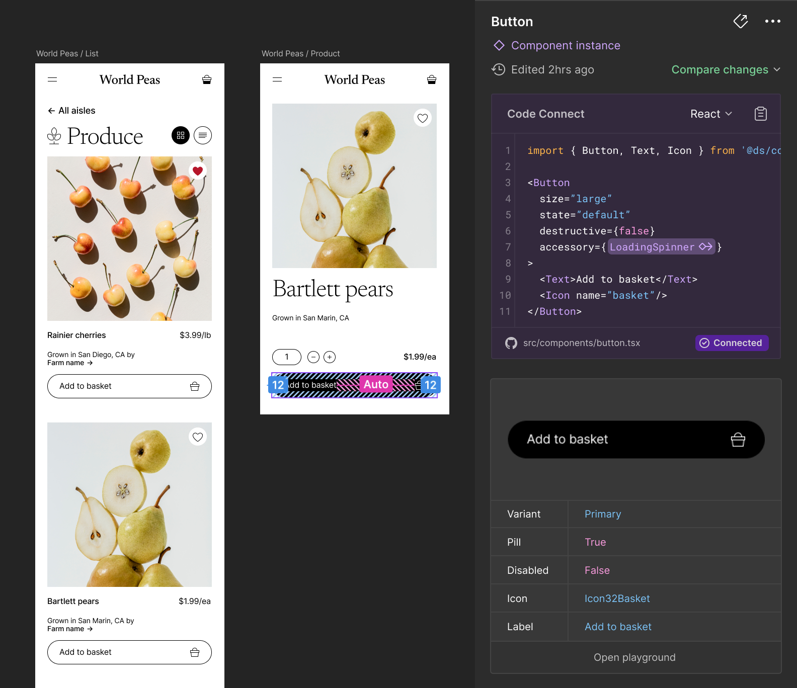Figma Dev Mode Code Connect showing deterministic component prop mapping to React code