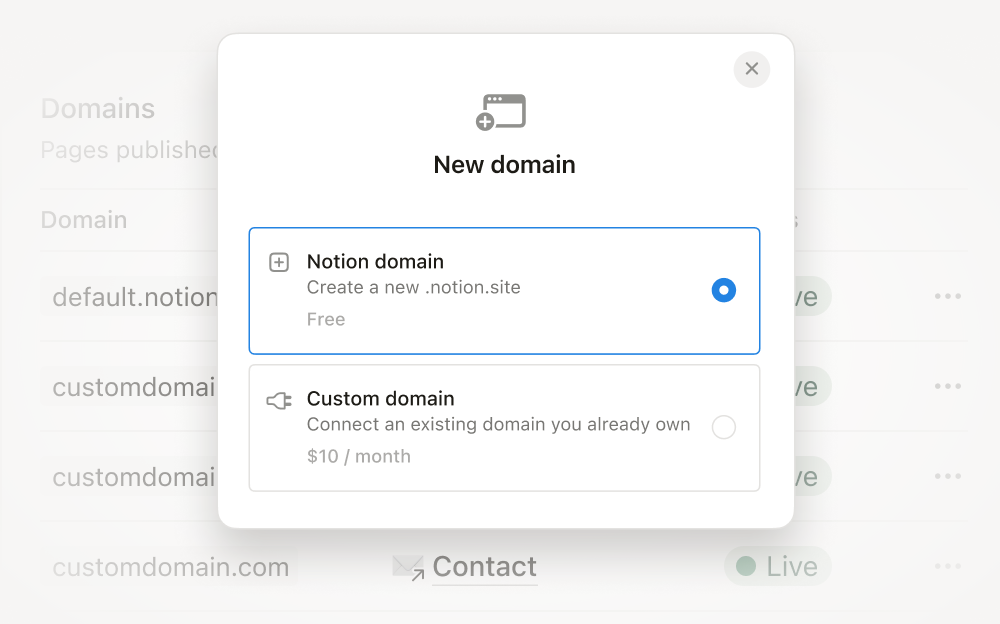 Notion Sites custom domain and DNS verification panel