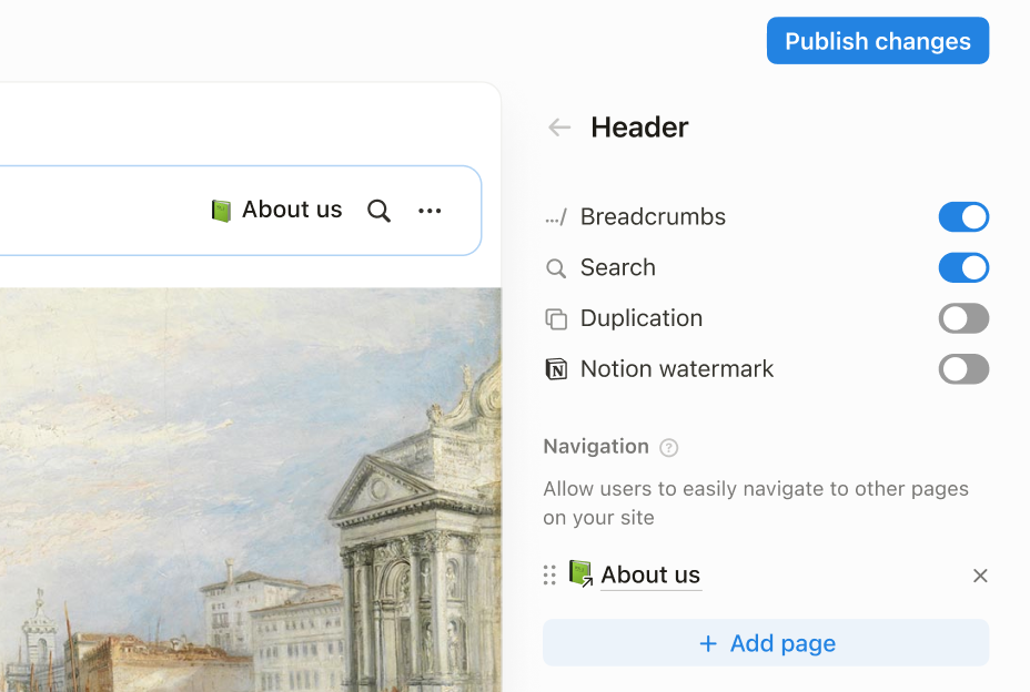 Notion Sites persistent header navigation bar configuration